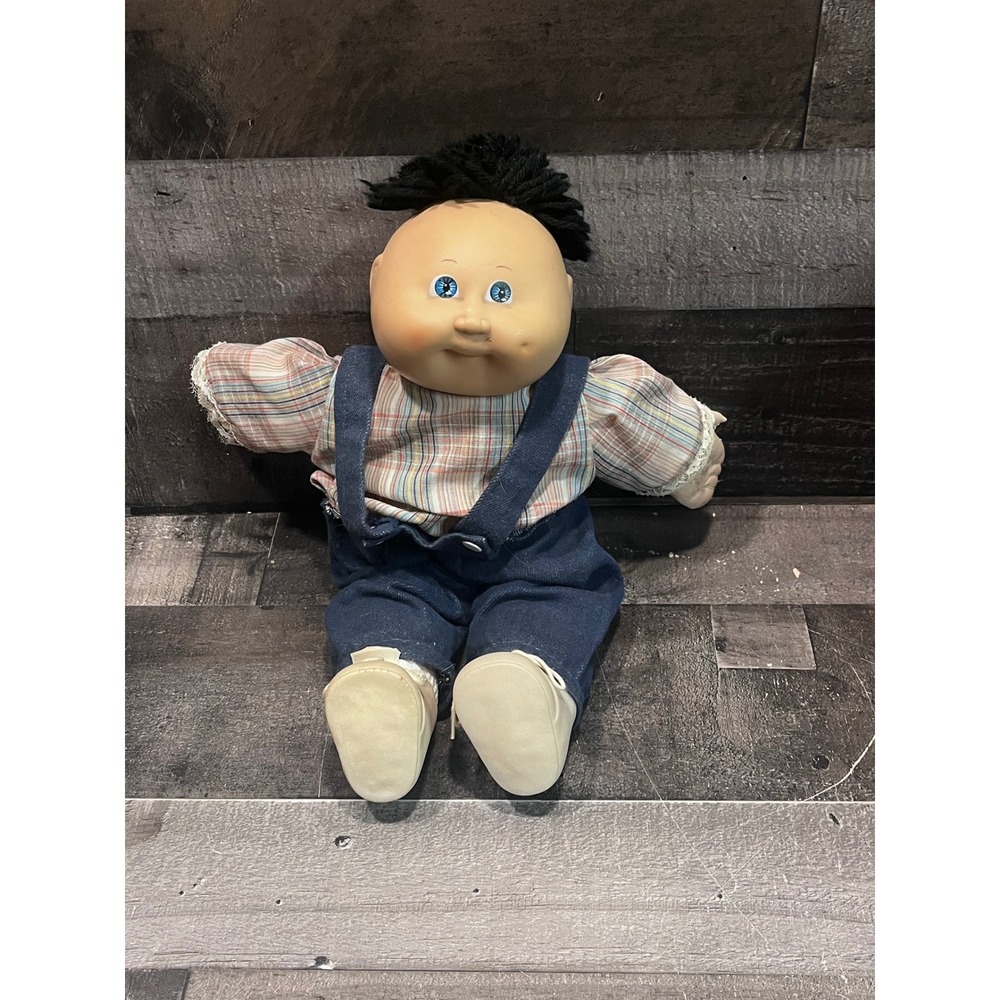 Vintage Cabbage Patch Kids Boy Doll Black Hair Blue Eyes Denim Overalls Plaid